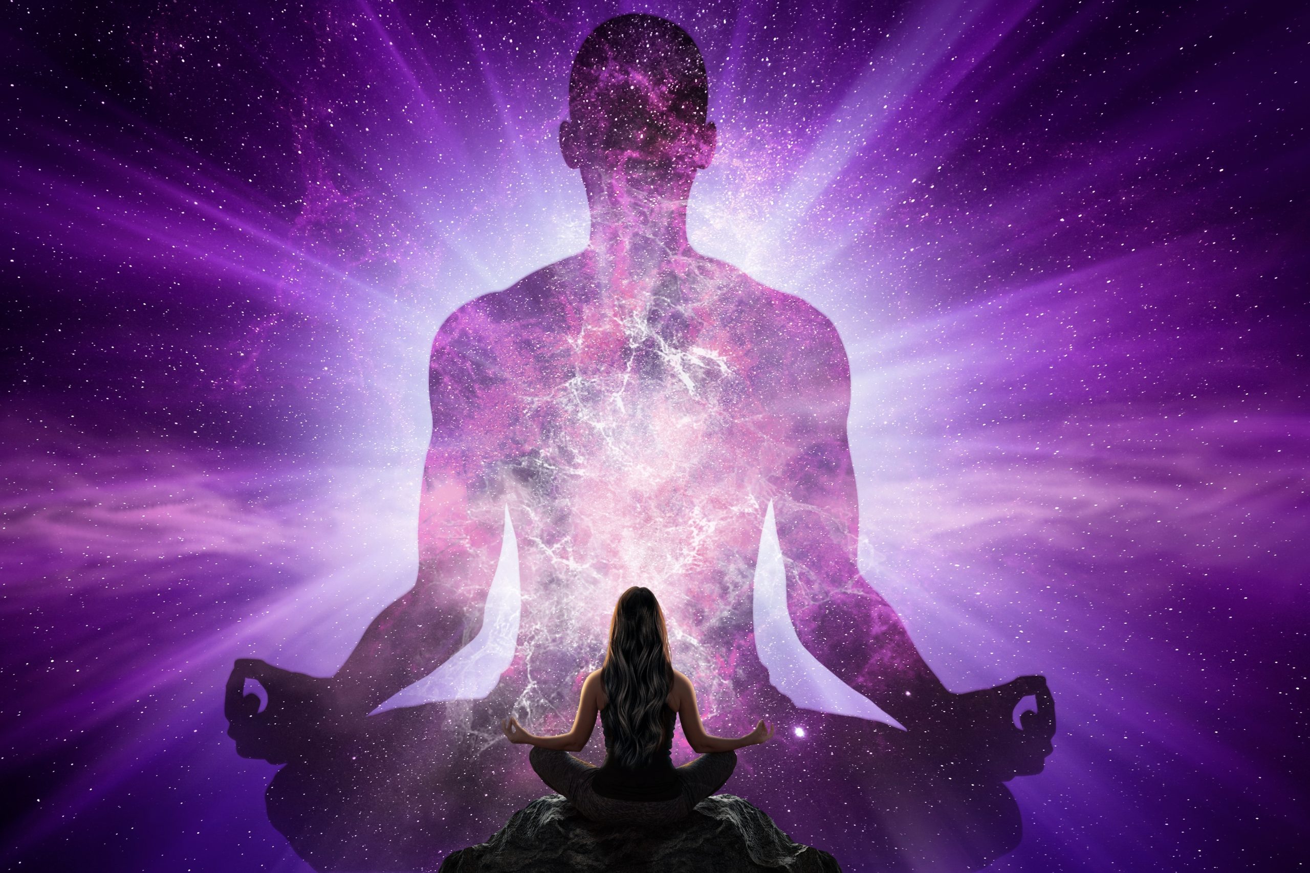 Woman,Doing,Yoga,In,Front,Of,Giant,Human,Silhouette,With